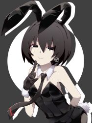  animal_ear_hairband animal_ears arm_behind_back armpits artist_name bare_shoulders black_eyes black_gloves black_hair black_hairband black_leotard black_necktie black_pantyhose bob_cut breasts bunny_day closed_mouth collarbone commentary detached_collar drop_shadow empty_eyes fake_animal_ears fake_tail female finger_to_mouth floating_neckwear gloves grey_background hair_between_eyes hairband hand_up highres index_finger_raised leaning_forward leotard looking_at_viewer monogatari_(series) nano-tan_(sakuta_sakuzi) necktie oshino_ougi pale_skin pantyhose playboy_bunny rabbit_ear_hairband rabbit_ears rabbit_tail red_trim short_hair signature small_breasts smile solo strapless strapless_leotard tail two-tone_background upper_body white_background 