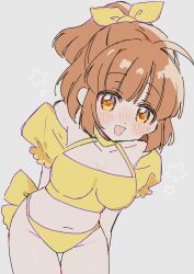  arle_nadja bikini blush bow breasts brown_hair collarbone commentary cowboy_shot female grey_background groin hairbow halterneck highres leaning_forward looking_at_viewer navel open_mouth orange_bikini orange_eyes ponytail puffy_short_sleeves puffy_sleeves puyopuyo shihiro_(ro_ro_sh) short_sleeves smile solo standing star_(symbol) swimsuit thigh_gap yellow_bikini yellow_bow 