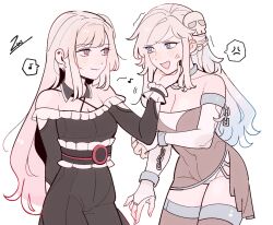  2girls :d anger_vein annoyed black_dress black_thighhighs blonde_hair blue_eyes blue_hair braid breasts bridal_gauntlets cleavage collar commentary_request cowboy_shot criss-cross_halter cuffs detached_collar dress elbow_gloves frilled_dress frills gloves gradient_hair hair_ornament half_up_braid halterneck hand_on_another's_chin highres large_breasts long_hair long_sleeves looking_at_another metal_collar multicolored_hair multiple_girls musical_note o-ring_collar off-shoulder_dress off_shoulder open_mouth panties pink_eyes rim_(trickcal) shackles shaydi_(trickcal) simple_background skull_hair_ornament smile spoken_anger_vein spoken_musical_note thighhighs trickcal underwear white_background white_gloves white_panties yuri zui_(zuihitu) 