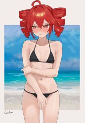  @_@ absurdres ahoge artist_name bare_shoulders beach bikini black_bikini blue_sky blush border breasts character_name closed_mouth collarbone commentary cowboy_shot double-parted_bangs drill_hair english_text female hair_between_eyes hair_intakes heart highres kasane_teto leutchaft navel ocean outside_border red_eyes red_hair sidelocks sky small_breasts solo sweat swimsuit twin_drills utau water white_background white_border 