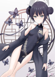  absurdres bare_legs bare_shoulders black_butterfly black_hair black_jacket blue_archive blue_eyes breasts breasts_apart bug butterfly chinese_clothes closed_mouth collarbone collared_dress commentary covered_navel cowboy_shot double_bun dress dutch_angle female grey_halo groin hair_bun halo head_tilt high_collar highres jacket kisaki_(blue_archive) light_blush long_hair looking_at_viewer no_panties off_shoulder open_clothes open_jacket pinstripe_jacket pinstripe_pattern qipao sleeveless sleeveless_dress small_breasts smile solo split_mouth white_background wrightia 