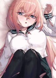  absurdres bandaid bandaid_on_face bandaid_on_nose black_pantyhose black_sailor_collar black_skirt blood blood_on_clothes blue_eyes breasts commentary_request female hair_between_eyes highres large_breasts lechiennoir long_hair long_sleeves looking_at_viewer lying michinoku_komaro no_dickey nosebleed on_back pantyhose parted_lips pink_hair sailor_collar school_uniform seitokai_ni_mo_ana_wa_aru! serafuku skirt solo torn_clothes torn_pantyhose white_background 