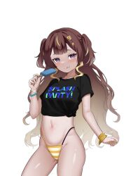  absurdres anya_melfissa bikini bikini_bottom_only blush bracelet brown_hair female food gradient_hair highres holding holding_food holding_popsicle hololive hololive_indonesia jewelry licking_lips long_hair looking_at_viewer multicolored_hair navel popsicle purple_eyes raikkonen shiny_skin shirt short_twintails simple_background smile solo stomach sweat swimsuit t-shirt tied_shirt tongue tongue_out twintails very_long_hair virtual_youtuber white_background 