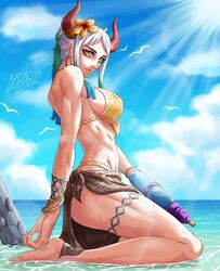  1girls bbdbg03 beach big_breasts blue_hair breasts brown_eyes clothed clothing curvy demon ear_piercing earrings female female_focus female_only gradient_hair hi_res highres hoop_earrings horned_humanoid horns humanoid light-skinned_female light_skin long_hair multicolored_hair one_piece oni oni_horns ponytail revealing_clothes simple_background solo solo_female swimsuit two_tone_hair water watergun white_hair wide_hips yamato_(one_piece) youkai 