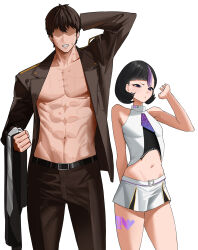  1boy absurdres arm_behind_head belt black_belt black_hair breasts brown_hair brown_jacket brown_pants commander_(nikke) commentary english_commentary female goddess_of_victory:_nikke highres jacket leg_tattoo medium_hair military_uniform miniskirt mole mole_under_eye multicolored_hair muscular muscular_male navel ong_doi open_clothes open_jacket pants purple_eyes purple_streaks shirt short_hair skirt sleeveless sleeveless_shirt small_breasts streaked_hair sweat syuen_(nikke) tattoo white_shirt white_skirt 