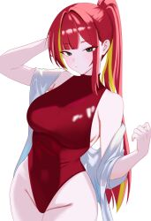  absurdres akane_lize arm_behind_head black_eyes blonde_streaks breasts closed_mouth commentary_request cowboy_shot female groin hand_up highres korean_commentary large_breasts leotard long_hair looking_at_viewer multicolored_hair parted_bangs pha0273 ponytail red_hair red_leotard shirt shirt_partially_removed sideboob simple_background solo standing stellive streaked_hair virtual_youtuber white_background white_shirt 