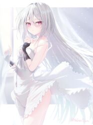  breasts closed_mouth commentary_request curtain_grab curtains dot_nose dress female floating_clothes floating_hair hair_between_eyes hair_intakes hatenashun422 highres long_hair looking_at_viewer original pink_eyes small_breasts solo strap_slip white_background white_dress white_hair 