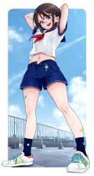  :d absurdres alternate_costume armpits arms_behind_head arms_up atelierorca bandaid bandaid_on_arm bandaid_on_face bandaid_on_leg bandaid_on_nose black_hair black_socks blue_eyes blue_sailor_collar blue_shorts blue_sky border breasts cloud commentary_request crop_top cropped_shirt day female full_body groin hair_between_eyes highres hololive medium_breasts midriff navel neckerchief oozora_subaru open_fly open_mouth outdoors red_neckerchief sailor_collar school_uniform serafuku shadow shirt shoes short_hair short_shorts short_sleeves shorts sidelocks sky smile sneakers socks solo standing swept_bangs teeth upper_teeth_only virtual_youtuber white_border white_serafuku white_shoes 