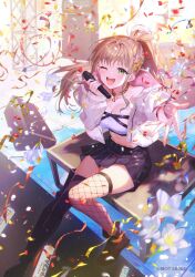  amplifier ankle_boots asymmetrical_footwear bare_shoulders black_boots black_skirt blue_flower boots braid breasts brown_hair choppy_bangs cleavage collarbone commentary_request confetti copyright_name copyright_notice crop_top cymbals drum drum_set falling_flower female fishnet_thighhighs fishnets flower flower_request full_body green_eyes hand_up highres holding holding_microphone ichikawa_haru instrument jacket jewelry long_hair long_sleeves looking_at_viewer matsunaga_iori medium_breasts microphone midriff miniskirt mismatched_footwear necklace official_art one_eye_closed open_clothes open_jacket outstretched_arm pleated_skirt pocket ponytail quilted_jacket reaching reaching_towards_viewer riot_music shirt sitting skirt sleeveless sleeveless_shirt solo stage strapless strapless_shirt teeth thigh_boots thighhighs truss upper_teeth_only very_long_hair white_jacket zipper 