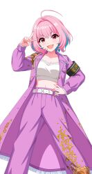  ahoge aqua_hair armband belt black_armband blush breasts cleavage coat collarbone colored_inner_hair fangs female fingernails hair_intakes hand_on_own_hip idolmaster idolmaster_cinderella_girls idolmaster_cinderella_girls_starlight_stage large_breasts long_sleeves looking_at_viewer medium_hair midriff multicolored_hair nail_polish navel official_art open_clothes open_coat open_mouth pants pink_coat pink_eyes pink_hair pink_nails pink_pants print_coat print_pants shirt simple_background smile solo stomach translation_request transparent_background two-tone_hair v v-shaped_eyebrows white_belt white_shirt yumemi_riamu 