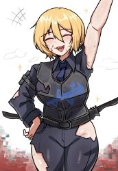  +++ absurdres arm_up armor belt blonde_hair blood blood_on_face breasts closed_eyes commentary don_quixote_(project_moon) english_commentary female hand_on_own_hip highres limbus_company mitama_nyan necktie pants project_moon shirt smile solo standing sweat torn_clothes torn_pants torn_shirt w_corp._(identity)_(project_moon) 