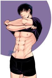  1boy abs black_male_underwear boxer_briefs clothes_lift commentary_request cowboy_shot dated fushiguro_toji hip_bones jujutsu_kaisen makio1313 male_focus male_underwear muscular muscular_male pectorals profile purple_shirt shirt shirt_lift signature smile solo t-shirt twitter_username underwear undressing 