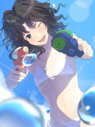  :d ;d amagami aroza_(xxpp3743) bare_shoulders bikini black_hair blue_sky blurry blush breasts cloud collarbone commentary_request day depth_of_field dual_wielding dutch_angle female groin highres holding looking_at_viewer messy_hair navel one_eye_closed open_mouth outdoors short_hair side-tie_bikini_bottom sky small_breasts smile solo swimsuit tanamachi_kaoru water water_gun white_bikini 