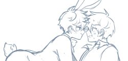  2boys animal_ears ass character_request commentary copyright_request eye_contact flustered highres huge_ass looking_at_another monochrome multiple_boys rabbit_ears rabbit_tail refrainbow sweatdrop tail untranslatable_commentary yaoi 