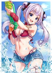  :d absurdres armlet atelierorca bare_shoulders bikini black_ribbon blue_eyes blue_sky border breasts cleavage cloud commentary_request cowboy_shot day denim denim_shorts detached_collar detached_sleeves double_bun female frilled_bikini frills groin hair_bun hair_intakes hair_ribbon hands_up heart heart_o-ring highres holding holding_water_gun indie_virtual_youtuber jewelry large_breasts long_hair looking_at_viewer navel o-ring ocean open_fly open_mouth outdoors purple_hair red_bikini red_nails ribbon short_shorts shorts sidelocks sky smile solo standing stomach summer swimsuit teeth tenshin_chao thigh_strap twintails variant_set virtual_youtuber water_gun white_border 
