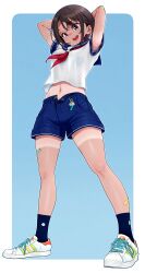  :d absurdres alternate_costume armpits arms_behind_head arms_up atelierorca bandaid bandaid_on_arm bandaid_on_face bandaid_on_leg bandaid_on_nose black_hair black_socks blue_background blue_eyes blue_sailor_collar blue_shorts border breasts commentary_request crop_top cropped_shirt female full_body groin hair_between_eyes highres hololive medium_breasts midriff navel neckerchief oozora_subaru open_fly open_mouth red_neckerchief sailor_collar school_uniform serafuku shirt shoes short_hair short_shorts short_sleeves shorts sidelocks simple_background smile sneakers socks solo standing swept_bangs tan tanlines teeth upper_teeth_only virtual_youtuber white_border white_serafuku white_shoes 