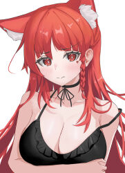  absurdres akumo animal_ear_fluff animal_ears braid breasts chinese_commentary cleavage commentary_request cross embarrassed female heart highres large_breasts light_blush long_hair looking_at_viewer original red_eyes red_hair solo white_background 