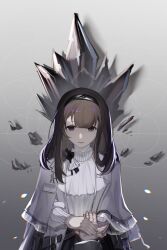  arknights black_hairband brown_hair chinese_commentary commentary empty_eyes female gradient_background grey_background hairband highres holding_hands lens_flare long_sleeves looking_at_viewer magic medium_hair miaojiang_ningmeng originium_(arknights) parted_lips pov pov_hands priestess_(arknights) purple_eyes smile solo_focus sweater turtleneck turtleneck_sweater white_sweater 