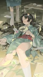 2girls ahoge araragi_tsukihi black_hair drooling dual_persona egg_(food) egg_hair_ornament egg_yolk food food-themed_hair_ornament food_on_body food_on_face green_kimono hair_ornament hand_mirror highres holding holding_mirror indoors japanese_clothes kimono long_hair lying mirror monogatari_(series) mouth_drool multiple_girls obi omurice_(304975636) on_back open_mouth print_kimono raining_food red_sash reflection sash sleeping socks table torn_clothes torn_kimono wide_sleeves yukata 