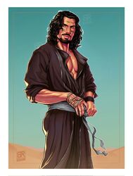  1boy 2022 actor arabian arabian_male ardeth_bay celebrity cleavage clothed clothed_male clothing curly_hair dessert human human_only ian_fay_art in_character light-skinned_male light_skin long_hair long_hair_male male male_only middle_eastern middle_eastern_male muscular muscular_male oded_fehr open_shirt outdoors outside solo solo_male tattoo tattoo_on_face tattoo_on_forehead the_mummy_(1999) the_mummy_(franchise) universal_studios 