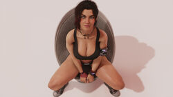  1girls 3d big_breasts bracelet breasts brown_hair cd_projekt_red claire_russell cleavage clothed cyberpunk_2077 eyeliner female hi_res looking_at_viewer looking_up necklace ring sitting sneakers solo sports_bra thick_eyebrows trahao 