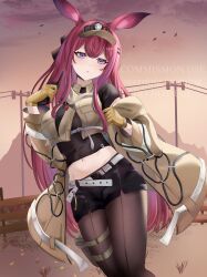  absurdres animal_ears arknights black_shirt black_shorts breasts commission female gloves highres hollow_mimikyu long_hair navel pantyhose power_lines purple_eyes rabbit_ears rabbit_girl ray_(arknights) shirt short_sleeves shorts solo very_long_hair visor_cap yellow_gloves 