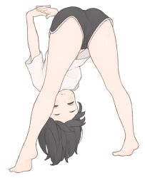  1ssakawaguchi arms_behind_back ass barefoot bent_over black_hair black_shorts bob_cut closed_eyes closed_mouth dolphin_shorts female highres ichika_(1ssakawaguchi) kneepits looking_at_viewer midriff_peek original shirt short_hair short_shorts short_sleeves shorts simple_background solo standing stretching t-shirt thighs top-down_bottom-up white_background white_shirt 