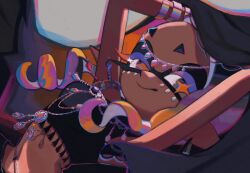  chromatic_aberration closed_mouth colorful dark-skinned_female dark_skin eyelashes female frye_(splatoon) gem half-closed_eyes highres inkling jewelry ka1_(k4k37) looking_at_viewer midriff navel necklace smile solo sparkling_eyes splatoon_(series) splatoon_3 