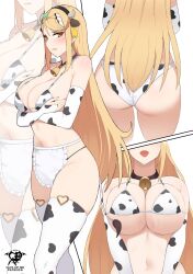  alternate_costume animal_print apron ass ass_focus bikini blonde_hair blush breast_focus breasts chest_jewel core_crystal_(xenoblade) cow_print cow_print_bikini cow_print_thighhighs female from_behind gem headpiece highres kaos_art large_breasts long_hair mythra_(xenoblade) print_bikini print_thighhighs solo swept_bangs swimsuit thighhighs tiara underboob very_long_hair xenoblade_chronicles_(series) xenoblade_chronicles_2 yellow_eyes 