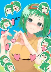  @_@ absurdres braid collar colored_eyelashes commentary_request crying dress eyewear_on_head female flower goggles goggles_on_head gradient_background green_eyes green_hair gumi hair_flower hair_ornament hairclip head_tilt heart heart_hands highres himajinnaponta juu_mensou_(vocaloid) multiple_persona open_mouth orange_dress short_hair sleeveless sleeveless_dress spiked_collar spikes streaming_tears sweat tears tongue tongue_out translation_request twin_braids vocaloid 