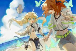  2girls ahoge artoria_caster_(fate) artoria_caster_(swimsuit)_(fate) artoria_caster_(swimsuit)_(first_ascension)_(fate) artoria_pendragon_(fate) asymmetrical_clothes baseball_cap beach belt bikini black_pants black_scrunchie black_shorts blue_sky breasts cleavage closed_eyes cloud command_spell commentary_request cropped_jacket day fate/grand_order fate_(series) floating_hair fujimaru_ritsuka_(female) fujimaru_ritsuka_(female)_(summer_street) green_belt green_eyes hair_ornament hair_scrunchie hat highres holding_hands index_finger_raised jacket karin_(salmonosushi) long_hair looking_at_another marker_(medium) medium_breasts midriff multiple_girls navel official_alternate_costume open_mouth orange_hair outdoors pants sand sandals scrunchie see-through see-through_jacket shirt short_hair short_sleeves shorts side_ponytail single_pantsleg sky smile stomach swimsuit toes traditional_media twintails unworn_hat unworn_headwear very_long_hair white_bikini white_jacket white_shirt 