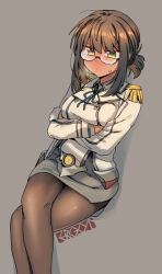  alternate_breast_size bespectacled black_pantyhose blue_ribbon blush breasts brown_hair collared_shirt commentary_request cosplay crossed_arms crossed_legs epaulettes ergot feet_out_of_frame female fubuki_(kancolle) glasses gloves green_eyes grey_background grey_skirt kantai_collection katori_(kancolle) katori_(kancolle)_(cosplay) long_sleeves looking_at_viewer low_ponytail medium_breasts miniskirt neck_ribbon pantyhose pout ribbon semi-rimless_eyewear shirt sidelocks signature simple_background sitting skirt solo sweat under-rim_eyewear white_gloves 