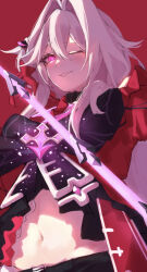  absurdres black_shorts bow commentary female hair_between_eyes hair_intakes highres honkai_(series) honkai_impact_3rd jacket one_eye_closed purple_eyes red_background red_bow red_jacket shorts simple_background smile solo stomach sukuuro symbol-only_commentary thelema_(honkai_impact) upper_body weapon white_hair 