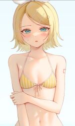  bikini blonde_hair blue_eyes blush female flat_chest hair_ornament hairclip hisui_ame kagamine_rin looking_at_viewer navel parted_lips short_hair solo striped_bikini striped_clothes sweat swimsuit unfinished upper_body vocaloid 