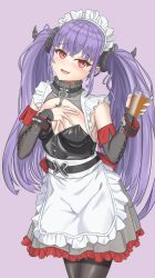  absurdres alternate_costume apron azur_lane black_horns black_pantyhose breasts cross cup curled_horns dress drinking_glass enmaided felix_schultz_(azur_lane) felix_schultz_(sweet_sleepy_&quot;revenge&quot;)_(azur_lane) female frilled_dress frills grey_dress hands_up highres holding holding_cup horns iron_cross light_blush long_hair looking_at_viewer maid maid_headdress medium_breasts oerba_yun_fang official_alternate_costume open_mouth pantyhose purple_background purple_hair red_eyes simple_background smile solo twintails waist_apron white_apron xdl 