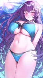  arms_behind_back artist_name bikini blue_background blue_bikini blue_eyes blush breasts bubble fate/grand_order fate_(series) female flower frown_(wonderland85711) hair_flower hair_ornament large_breasts long_hair navel purple_hair red_eyes revision scathach_(fate) scathach_skadi_(swimsuit_ruler)_(fate) scathach_skadi_(swimsuit_ruler)_(final_ascension)_(fate) skindentation smile swimsuit 