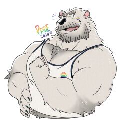  1boy animal_ear_piercing animal_ears another_eidos-r bara bear_boy bear_ears beard chest_tuft clenched_hand cropped_torso facial_hair facial_mark flexing furry furry_male gamubear hand_on_own_hip highres large_pectorals lgbt_pride male_focus moustache muscular muscular_male navel_hair_peek notice_lines open_mouth paw_print pectoral_cleavage pectorals rainbow_flag_tattoo scar scar_across_eye signature sigvaldi_(another_eidos) simple_background snout solo tank_top thick_arms thick_eyebrows thick_mustache white_background white_fur white_tank_top 