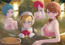  4girls aegis_(persona) android aqua_hair bare_shoulders blonde_hair blue_eyes blush bow bowtie breasts brown_eyes brown_hair cleavage closed_mouth commentary crossed_bangs grey_eyes hair_over_one_eye high_ponytail highres holding holding_towel kirijou_mitsuru konchi_(63438789) looking_at_viewer medium_breasts multiple_girls naked_towel onsen parted_lips partially_submerged persona persona_3 pink_towel red_bow red_bowtie red_hair robot_ears short_hair smile steam towel towel_on_head upper_body water wet yamagishi_fuuka yukari_takeba 