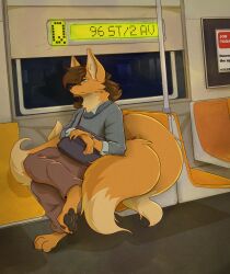  absurd_res anthro canid canine clothing fox hi_res invalid_background mammal mendobear sitting subway waiting 