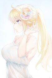  a9_(repainter) absurdres ahoge alternate_costume animal_ears blonde_hair blue_eyes blue_flower breasts cleavage closed_mouth commentary curled_horns dress earrings female flower from_side hair_flower hair_ornament hand_up highres hololive horns jewelry large_breasts light_blush long_hair orange_flower ponytail profile purple_flower sheep_ears sheep_girl sheep_horns simple_background sleeveless sleeveless_dress solo spaghetti_strap sundress symbol-only_commentary translucent_horns tsunomaki_watame upper_body virtual_youtuber white_background white_dress white_flower 