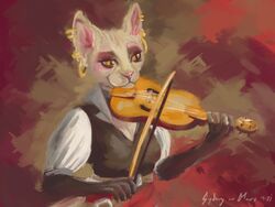  2022 4:3 anthro bowed_string_instrument clothed clothing dated digital_media_(artwork) digital_painting_(artwork) domestic_cat ear_piercing ear_ring felid feline felis female hairless hairless_cat mammal medieval_clothing musical_instrument painterly piercing playing_music playing_violin ring_piercing signature simple_background solo sphynx_(cat) string_instrument sydney_onmars violin violin_bow violinist yellow_eyes 