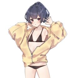  :o aa211108 alternate_costume armpits bikini black_bikini blue_hair blush collarbone dark_blue_hair female flat_chest idolmaster idolmaster_shiny_colors jacket looking_at_viewer morino_rinze navel partially_unzipped ponytail red_eyes simple_background solo swimsuit white_background yellow_jacket 