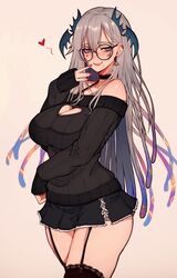  bare_shoulders black_choker blue_eyes blush breasts choker cleavage collarbone female garter_belt glasses grey_hair hair_between_eyes head_wings highres indie_virtual_youtuber lace lace_choker large_breasts long_hair long_sleeves mole mole_under_mouth off-shoulder_sweater off_shoulder pochimaru_(vtuber) red_nails simple_background skirt smile solo sweater thighhighs variant_set varniskarnis virtual_youtuber wings 