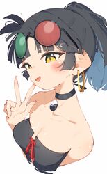  an-an_lee bare_shoulders black_hair blue_hair blush breasts choker cleavage cropped_torso earrings eyewear_on_head female highres hoop_earrings jewelry looking_at_viewer medium_breasts multicolored_hair oerba_yun_fang open_mouth ponytail rasusurasu reverse:1999 simple_background skin_fang solo strapless sunglasses upper_body v white_background yellow_eyes yin_yang 