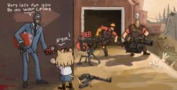  3boys ? absurdres blu_spy_(tf2) bomb carnival_phantasm commentary dancing dynamite engineer_(tf2) english_commentary english_text explosive female gatling_gun go_do_a_crime_(meme) gun heavy_(tf2) highres meme minigun multiple_boys neco-arc ony01 outdoors pipe_bomb red_engineer_(tf2) red_heavy_(tf2) revolver sentry spy_(tf2) submachine_gun suit team_fortress_2 weapon 