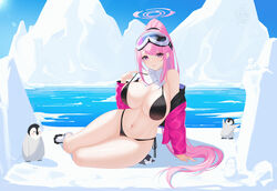  absurdres arm_support bikini bird black_bikini blue_archive blush breasts cleavage doodle_sensei_(blue_archive) down_jacket eimi_(blue_archive) eimi_(swimsuit)_(blue_archive) female goggles goggles_on_head halo highres jacket jacket_partially_removed large_breasts long_hair nanqizizhou navel outdoors penguin pink_eyes pink_hair pink_halo pink_jacket ponytail scarf sensei_(blue_archive) side-tie_bikini_bottom sidelocks sitting ski_goggles smile snowman solo stomach string_bikini swimsuit very_long_hair white_scarf yokozuwari 