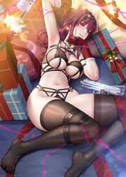  arm_up armpits black_bra box bra breasts christmas eyewear_on_head female gift gift_box gloves hair_between_eyes honkai:_star_rail honkai_(series) kafka_(honkai:_star_rail) lace lace-trimmed_bra lace-trimmed_panties lace_trim large_breasts lingerie long_hair looking_at_viewer mana_(remana) navel panties purple_eyes purple_hair round_eyewear smile solo sunglasses thick_thighs thighs underboob underwear underwear_only 