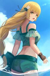  ass bare_shoulders bikini bikini_shorts blonde_hair blue_sky blunt_bangs braid braided_ponytail breasts brown_gloves cloud commentary detached_sleeves female fingerless_gloves fire_emblem fire_emblem:_three_houses fire_emblem_heroes flower gloves green_bikini green_eyes green_sleeves hair_flower hair_ornament highres ingrid_brandl_galatea ingrid_brandl_galatea_(summer) labebebe_lee long_hair looking_at_viewer looking_back medium_breasts ocean off-shoulder_bikini off_shoulder official_alternate_costume open_mouth outdoors shorts sky solo swimsuit wading 