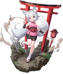  :d animal_ear_fluff animal_ears artist_request bike_shorts black_shorts black_sleeves breasts debris detached_sleeves dirt dust faux_figurine female fox_ears fox_girl fox_statue fox_tail full_body geta grass grey_hair grey_tail hair_between_eyes hand_up japanese_clothes kimono kitsu_(mon-musu_quest!) lantern light_blush looking_at_viewer mon-musu_quest! monster_girl monster_musume_td multiple_tails oerba_yun_fang official_art open_mouth pink_kimono purple_sash red_eyes rock sash short_hair shorts sleeveless sleeveless_kimono small_breasts smile socks solo standing standing_on_one_leg tabi tail third-party_source torii transparent_background vambraces white_socks wooden_lantern 