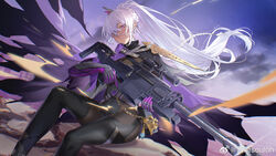  anti-materiel_rifle artist_name bodysuit bolt_action braid cloak female french_braid girls&#039;_frontline girls&#039;_frontline_2:_exilium grey_hair gun highres holding holding_gun holding_weapon long_hair looking_at_viewer mask miyazakisoul nemesis_(girls&#039;_frontline_2) ponytail purple_eyes rifle sig_san_511 sitting sniper_rifle solo trigger_discipline weapon 